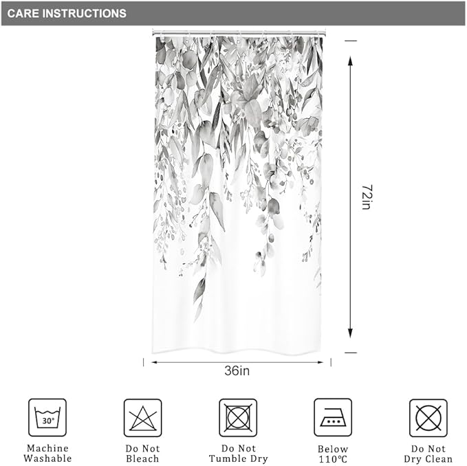 Riyidecor Small Stall Rv Narrow Single Shower Curtain for Bathroom Decor 36Wx72H Stand Up Half Grey Eucalyptus Plants Leaves Botanical Art Printed Fabric Polyester Waterproof 7 Pack Plastic