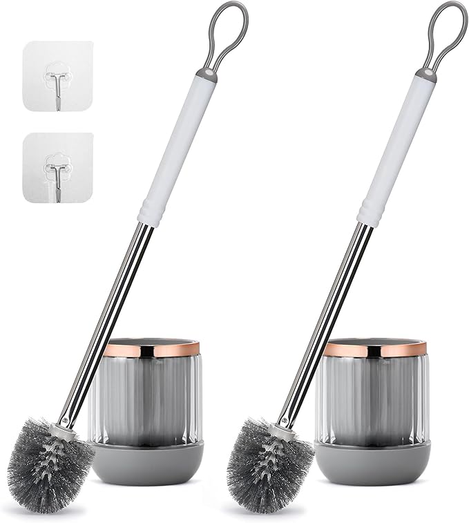 Toilet Bowl Brush and Holder 2 Pack Long Handle Toilet Brush for Bathroom with Separate Base for Floor and Wall Mounted Plastic Toilet Brush Set Under The Rim Household Cleaning (White)
