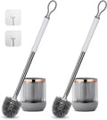 Toilet Bowl Brush and Holder 2 Pack Long Handle Toilet Brush for Bathroom with Separate Base for Floor and Wall Mounted Plastic Toilet Brush Set Under The Rim Household Cleaning (White)