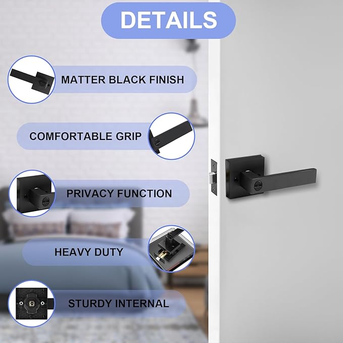 Privacy Door Levers, 8 Pack Matte Black Door Handles Heavy Duty Bed and Bath Door Locks Interior Keyless Locksets, Reversible for Left Right Handed Doors