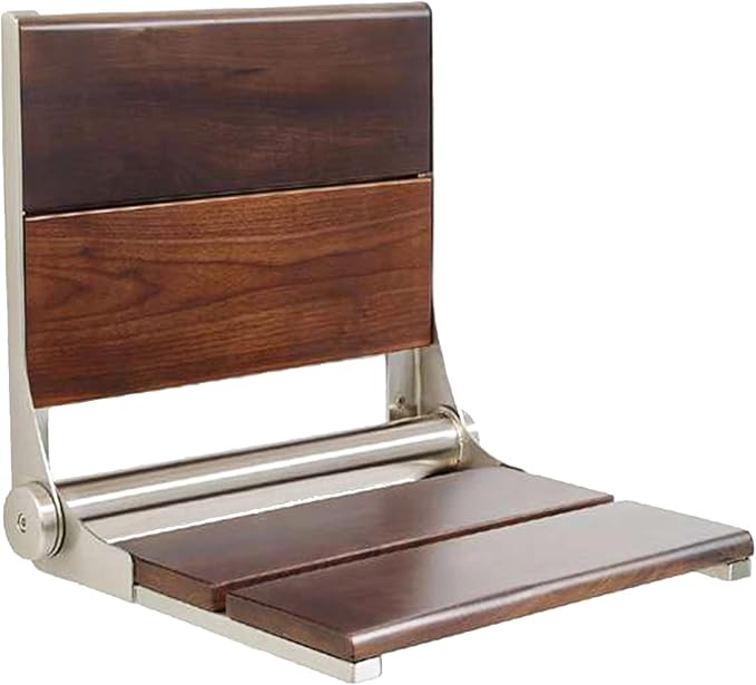 Folding Shower Seat Wall Mounted with Back | 500 lbs Maximum Load Capacity | ADA Compliant Safety Assist Teak Shower Seat for Seniors, Handicapped, and Children | 304 Stainless Steel Frame | 18” x 16”