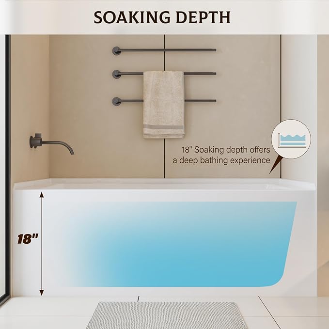 60x32 Inch Acrylic Bathtub, Single Apron Alcove Soaking Tub with Right-Side Overflow & Drain, Space-Saving Built-In Design, Easy Install for Modern Bathrooms