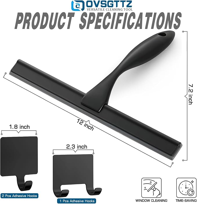 Stainless Steel Shower Squeegee for Glass, Includes 3 Adhesive Hooks, Shower Door Squeegee for Bathroom, Household Window, Car Windshield, Mirrors, Tiles Scrubber Clear, 12 inch Black