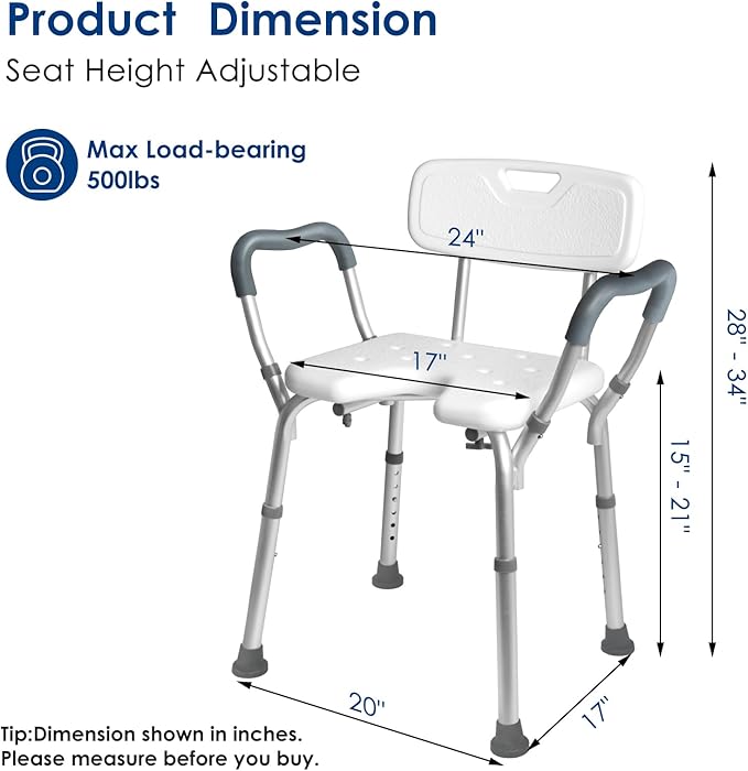 TooCust Extra Wide M-Shaped & Padded Armrests Shower Chair, 500lbs Capacity, Bariatric, Blue, Aluminum, Bath & Shower Safety Seating