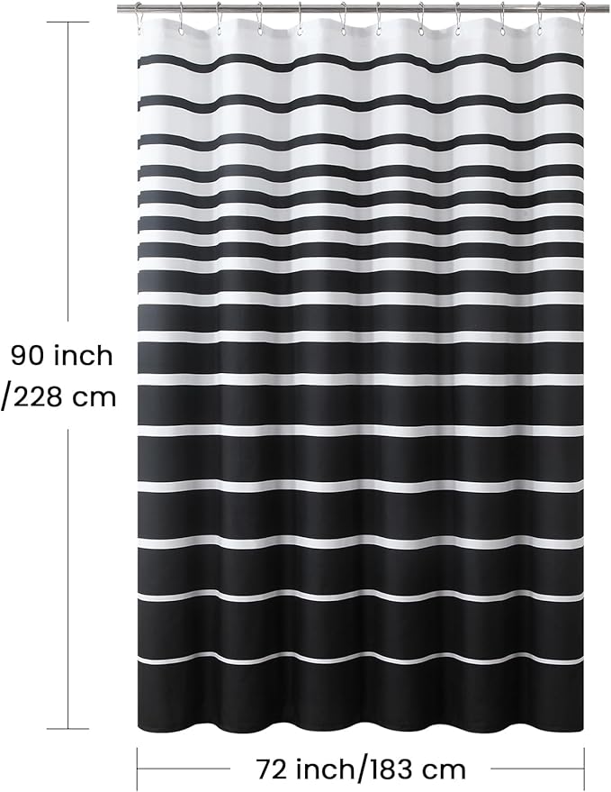90 Inch Black Shower Curtain, Extra Long Modern Black and White Stripe Waterproof Polyester Shower Curtains for Bathroom, 72x90 Inches