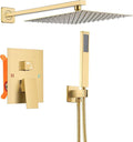 Bathroom Shower Faucet Set，12 Inch Rain Shower Head with Handheld Spray，Brass Shower Valve Trim Kit，Wall Mounted Square Rain Shower System (Brushed Gold)