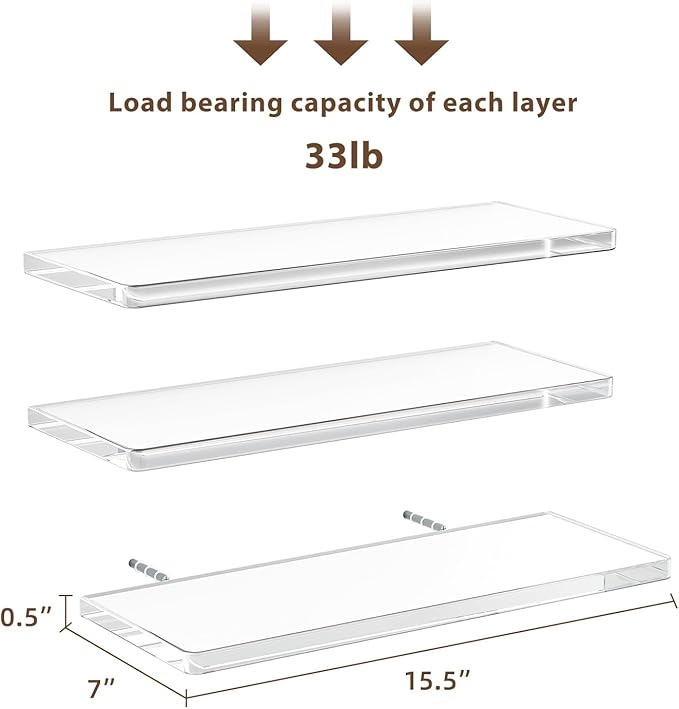 Acrylic Floating Shelves for Wall, Wall Mounted Shelf for Storage and Decor, Floating Shelf Organizer for Bedroom, Living Room, Bathroom, Kitchen (Clear, 15.5" W x 7" D x 0.5" H)