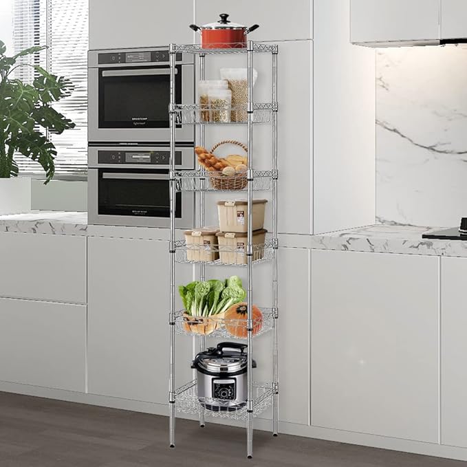 BNSPLY 6 Tier Wire Shelving Unit with Baskets Shelving, Height Adjustable Wire Shelves, Metal Storage Rack for Kitchen, Bathroom, Laundry Closet (13.5" D x 13.5" W x 63" H, Silver)