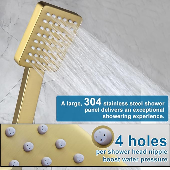 POP SANITARYWARE Shower Tub Faucet Set Brushed Gold Bathroom Rain Shower System with Tub Spout Wall Mounted Rainfall 10 Inch Thickened Shower Head and Handle Set Include Shower Valve and Trim Kit