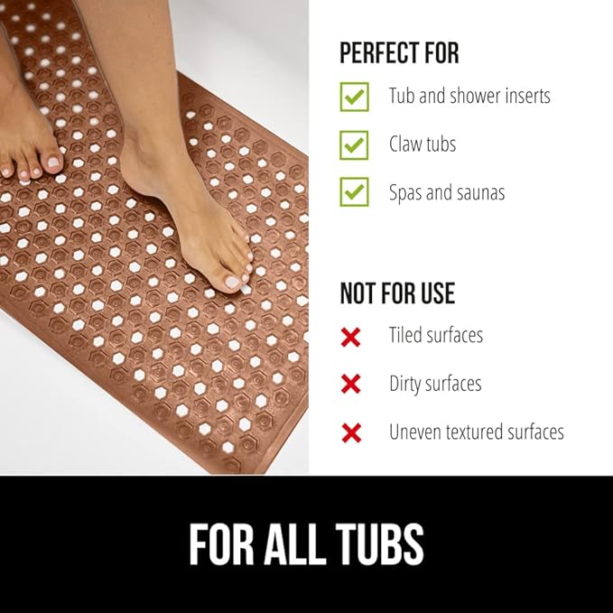 GORILLA GRIP Patented Bath Tub Shower Mat, Machine Washable Bathtub Floor Liner Mats, Suction Cups and Drain Holes to Keep Tubs Clean, Soft on Feet, Bathroom Essentials, 35x16 Inch, Brown