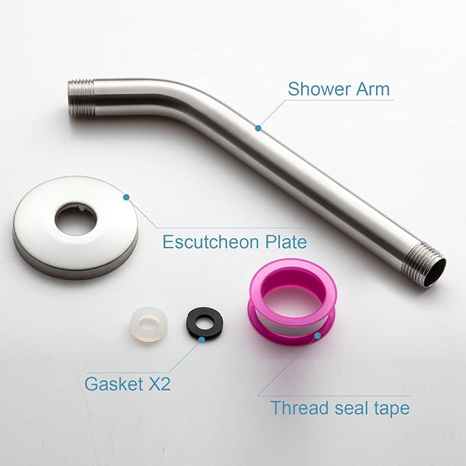 OFFO Shower Arm with Flange, 10 in Brushed Nickel Wall Mount Replacement Angle Shower Head Arm Wall-Mounted For Fixed Shower Head & Handheld Showerhead