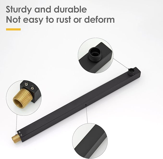 BESy 14 Inches Straight Extended Shower Arm With Flange, Rain Shower Head Extension Arms, Square Shower Rod Shower Head Extender Arm Shower Pipe Extension, Wall-Mounted Matte Black Stainless Steel