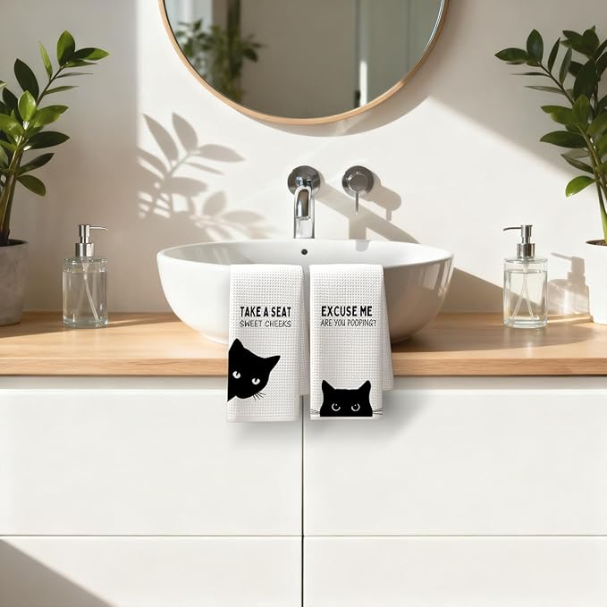 Funny Black Cat Bathroom Hand Towels, Cat Bathroom Decor, Sweet Cheeks Funny Kitten Kitty Decorative Hand Tea Towels for Washroom Restroom, 16x24 Inches Set of 2