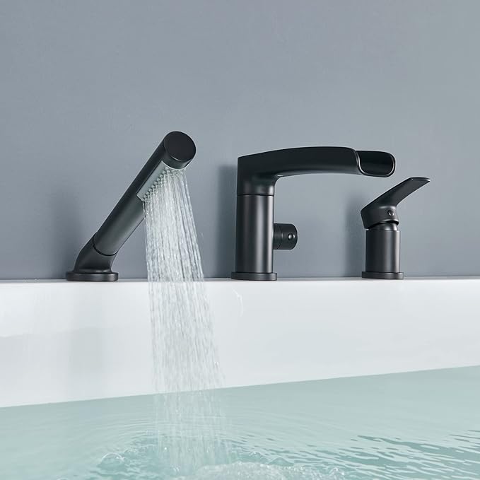 Waterfall Roman Tub Faucet Black Deck Mount Bathtub Faucets Brass Tub Filler Bathroom Faucets with Hand Shower
