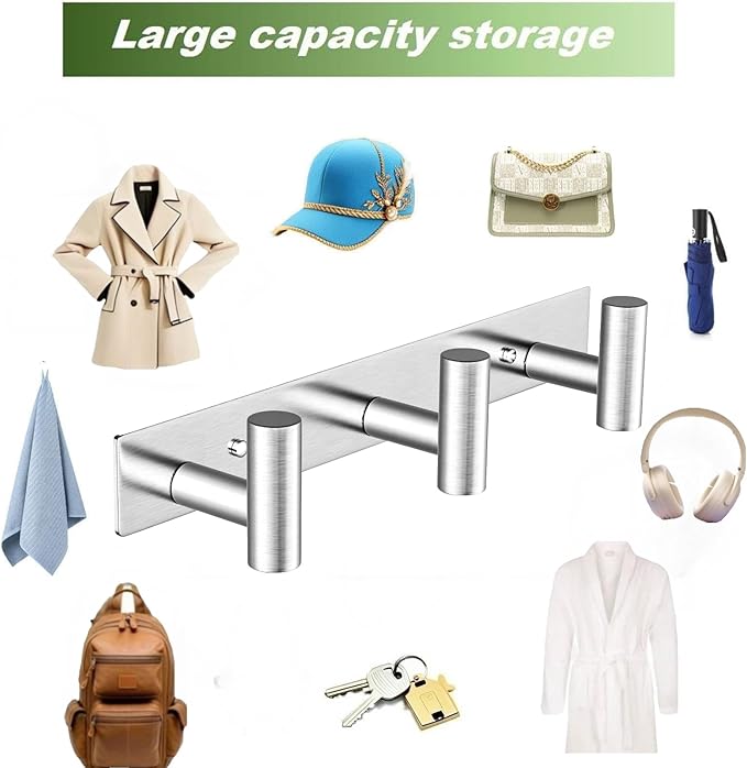 Wall Mounted Coat Rack-3 Hooks, Heavy Duty Stainless Steel Wall Hooks for Towel Coat Bag, Hat Rack Coat Hanger Coat Hooks Towel Racks for Bathroom Entryway Kitchen Office (Silver, 1 Pack)