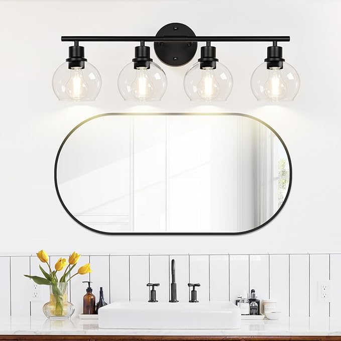 2025 Upgrade 4-Light Bathroom Light Fixtures, Black Bathroom Lights Over Mirror with Clear Glass Globe Shade, Vanity Lights for Bathroom Kitchen Living Room Hallway Cabinet Bedroom Porch
