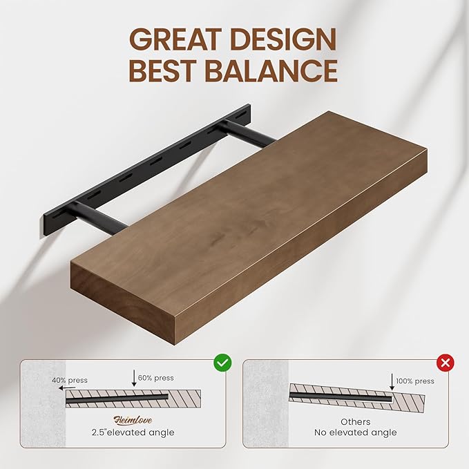 Heimlove 24 inch Floating Shelves for Wall,2 Packs Natural Pine Solid Wood Floating Shelves, 8 inches Deep Wooden Shelves for Kitchen Bedroom Office & Living Room Display Wall Decor