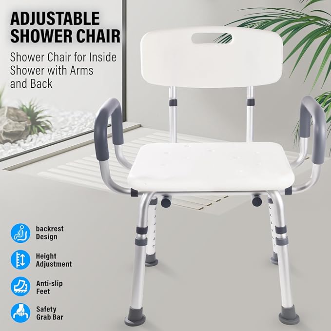 FSA/HSA,500 lbs Heavy Duty Shower Seat for SeniorsShower Chair for Inside Shower with Arms and Back, Height Adjustable Shower Chair for Elderly and Disabled with Enhanced Non-Slip Feet