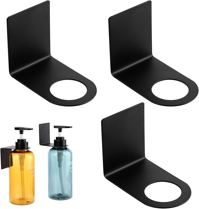 Segbeauty 3 Pack Non-Drilling Adhesive Bottle Holder, Kitchen Bottle Dispenser Holder, Dia 1.3in 3.3cm Lotion Bottle Wall Mount, Rustproof Shampoo Bottle Holder Wall Hanging Rack for Bathroom Black