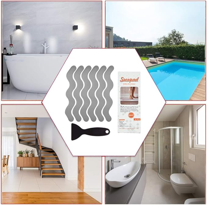 Anti Slip Shower Stickers, Adhesive Decals Safety Strips Scraper for Bath Tub, Shower, Stairs, 24 Pieces (Gray)