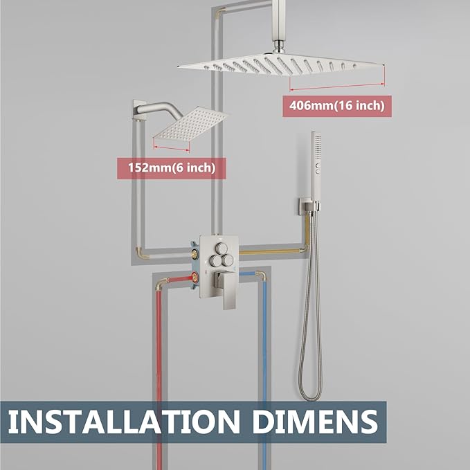 Aolemi Shower Faucet Set Ceiling Mount Shower System Rough-in Valve and Shower Trim Kit 16 and 6 Inch Dual Shower Head 2 in 1 Handheld Spray Push Button Diverter Brushed Nickel