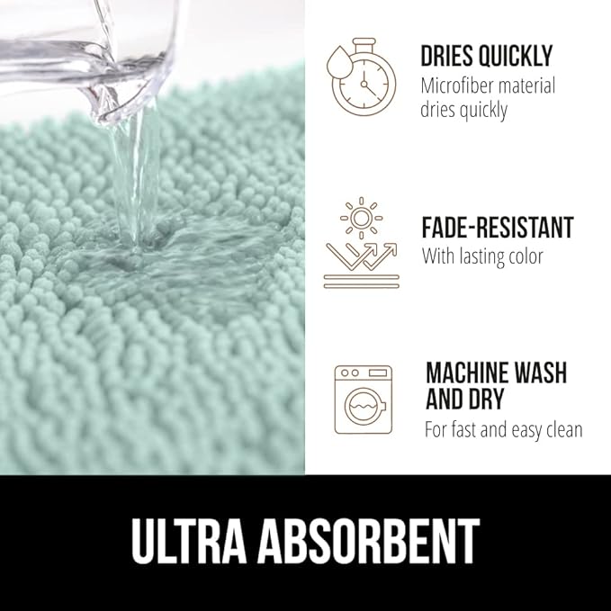 GORILLA GRIP Bath Rug Mat, Soft Absorbent Chenille, Quick Dry Microfiber Mats, Rubber Backing Washable Shower Floor Rugs, Bathmat Runner, US Designed Bathroom Home Decor Accessories 24x17, Seablue