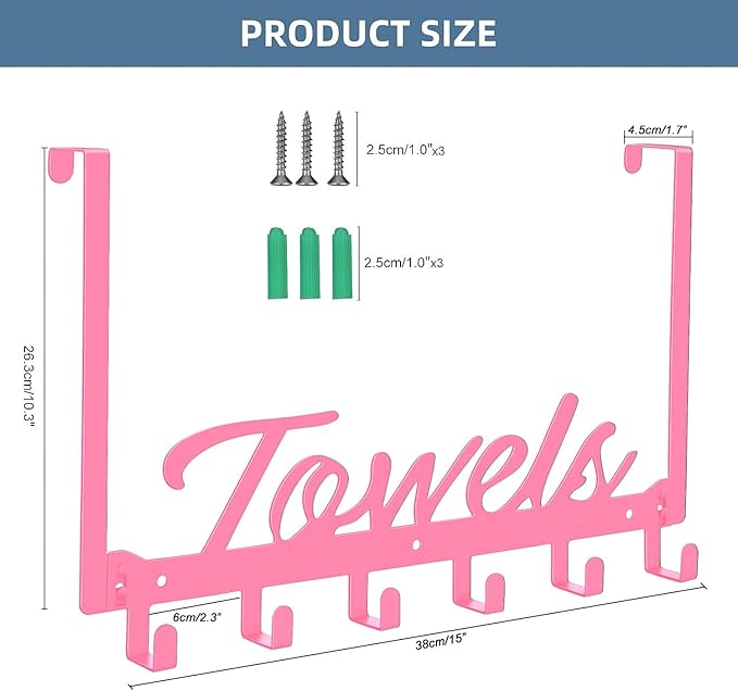 Over The Door Hooks, Towel Rack for Bathroom Door Rack for Hanging Heavy Duty, Door Hanger with 6 Hooks for Bedroom Bathroom Kitchen Bag, Coats, Hats(Pink)