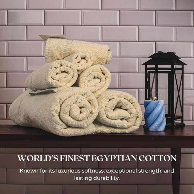 Egyptian Cotton Bathroom Towel Set - 6 Piece | Ultra Soft 100% 600 GSM Towels | 2 Bath, 2 Hand, 2 Washcloths | Quick Dry, Durable for Home, Spa, Gym | Premium Large Towel Set (Off White)