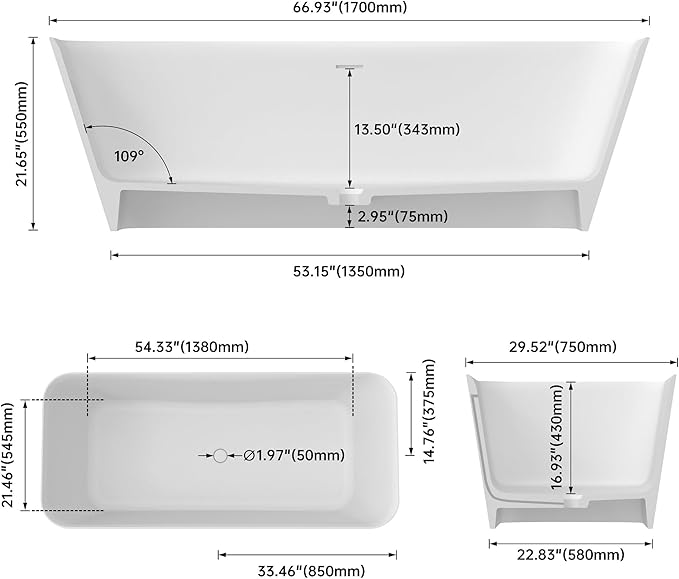 67" Premium Solid Surface Stone Resin Freestanding Bathtub, Matte White Stand Alone Soaking Tubs with Overflow and Pop-up Drain