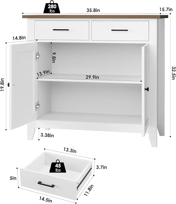 HORSTORS Kitchen Storage Cabinet, Modern Farmhouse Buffet Cabinet with Storage, Coffee Bar with 2 Drawers and 2 Doors, Floor Sideboard Buffet for Living Room, Dining Room, Bathroom, Ivory White