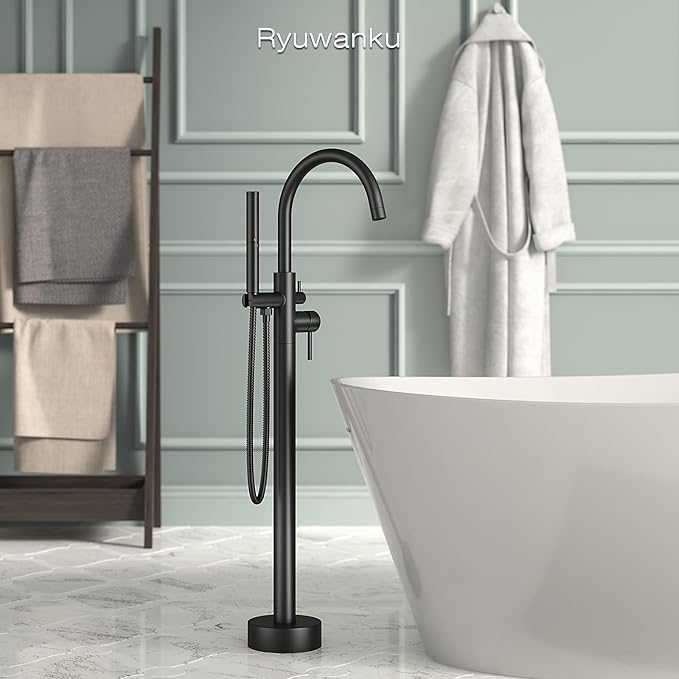 Freestanding Bathtub Faucet Matte Black Tub Filler Floor Mount Free Standing Metal Bathroom Tub Gooseneck Spout With 2 Function Hand Shower