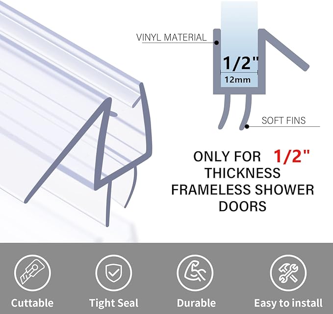 Shower Door Bottom Seal with Sweep 2Pack, 39"(990mm) Length PVC Clear Strips for 1/2"(10mm) Thick Frameless Glass Door, to Stop Water Leaking