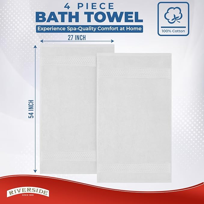 RIVERSIDE 100% Ring Spun Cotton Large Bath Towels Set of 4, 27 x 54 Inches – Quick Dry, Soft & Highly Absorbent Towels for Shower & Bathroom – Luxury 600 GSM Towels for Home, Spa, Gym, Hotel, White