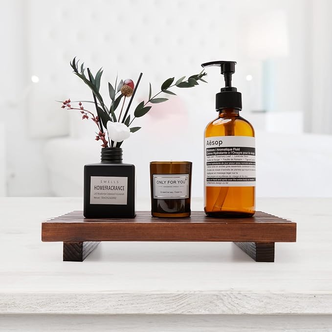 Farmhouse Bathroom Counter Organizer Wooden Display Pedesta Stand Small Kitchen Countertop Trays Decorative Wood Riser Dish Soap Dispenser Holder for Bathroom Decor Sink Accessories Vanity Tray