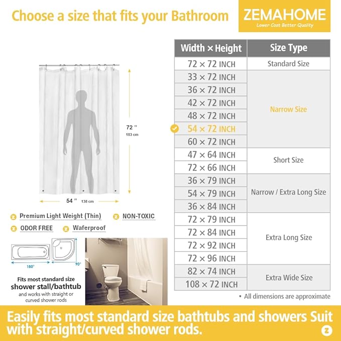 Narrow Size Clear Plastic Shower Curtain Liner, 54x72 Inch Thin Lightweight Transparent Plastic Bathroom Shower Showroom Inner Curtain with Rustproof Metal Grommet Holes and Weighted Magnets
