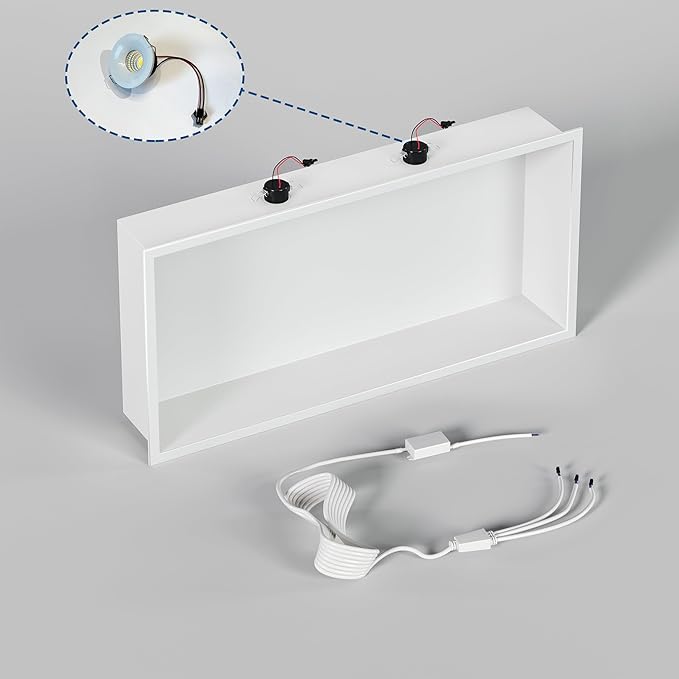Neodrain Shower Niche with Non-dimmable LED Downlight, 24X12Inch White Stainless Niche No Tile Needed Shower Niche, Built-in Recessed Niche for Bathroom Storage