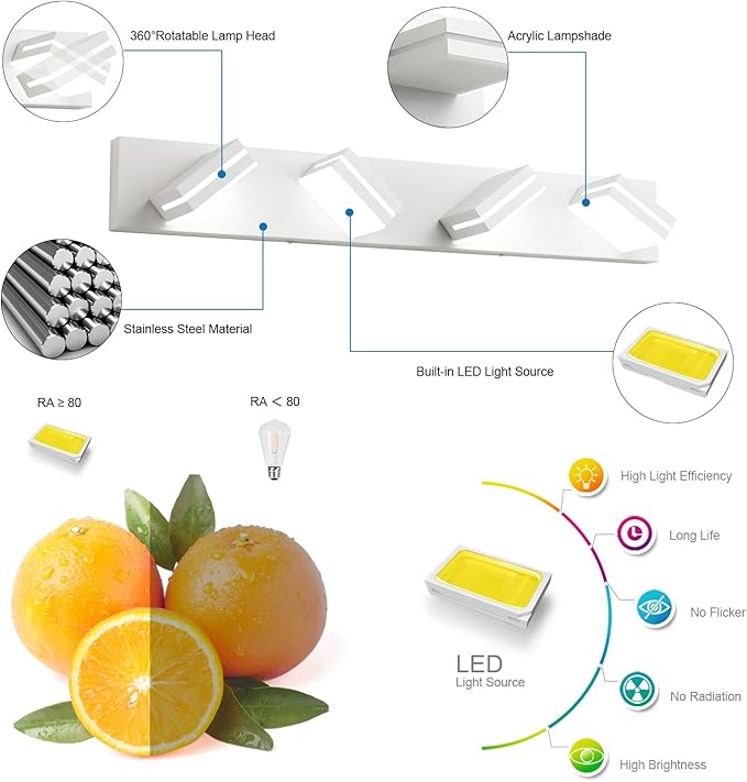 SineRise LED Modern Bathroom Vanity Light Fixtures (4-Light, 30-Inch), Matte White Modern Acrylic Bathroom Wall Lighting Fixtures Over Mirror (Cool White 6000K)