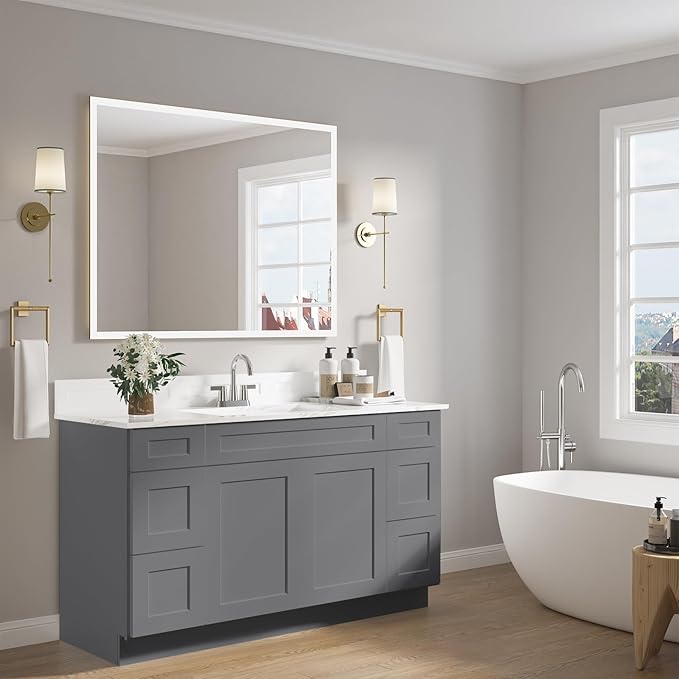 ROOMTEC 60'' Shaker Gray Bathroom Vanity Cabinet with 6 Drawers and 2 Doors, Soft-Close Hinge and Drawer Slides, 144 Pounds, 60"W x 34.5"H x 21"D