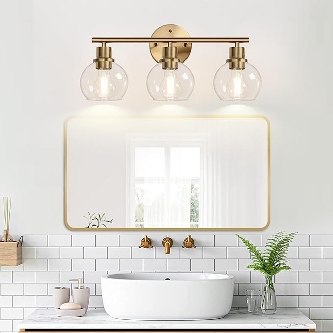 2025 Upgrade 3-Light Bathroom Light Fixtures, Brushed Brass Bathroom Lights Over Mirror with Clear Glass Globe Shade, Vanity Lights for Bathroom Kitchen Living Room Hallway Cabinet Bedroom Porch