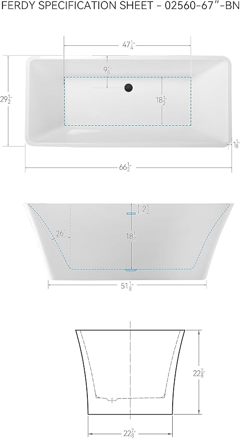 FerdY Sentosa 67" Acrylic Freestanding Bathtub, Contemporary Design Soaking Tub with Matte Black Drain and Matte Black Overflow, Easy to Install