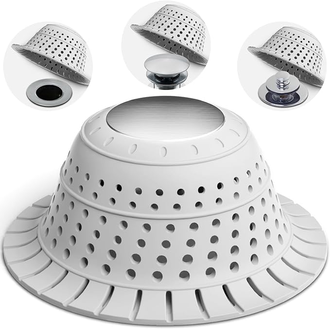 Shower Drain Hair Catcher - Bathtub Drain Cover Foldable Silicone，Shower Drain Protector for Pop-Up and Regular Drains of Shower,Tub, Bathroom, Sink,Grey