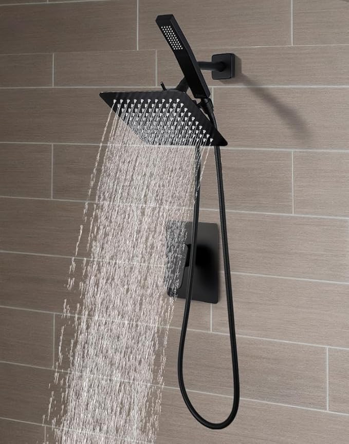 All Metal Shower Faucet Set, Dual Square Shower Head System with Handheld Wand, Diverter, Hose Complete Combo, Pressure Balance Rough-in Valve Included (Matte Black)