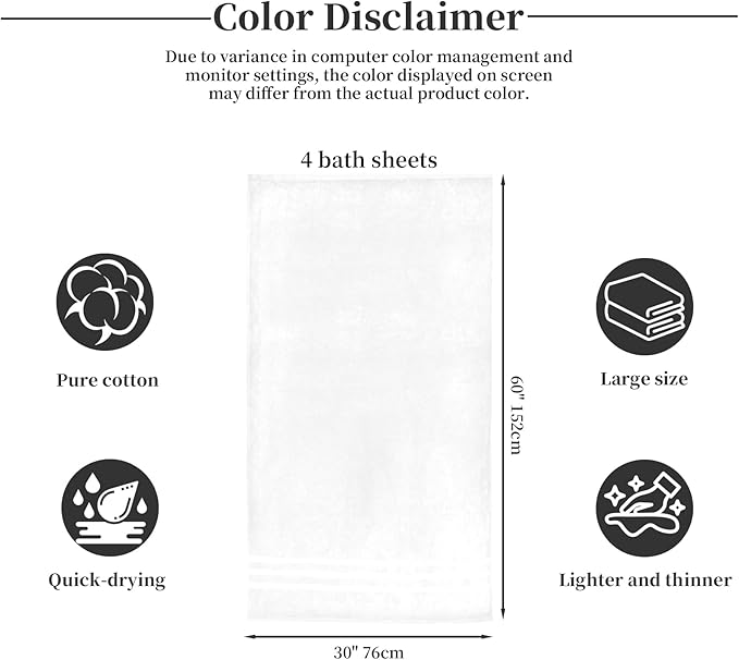 Bath Towel Set 4 Pack – 30×60 Large Cotton Towels, Soft, Thick & Highly Absorbent Bathroom Towels for Home, Spa, Gym (White, 30×60)