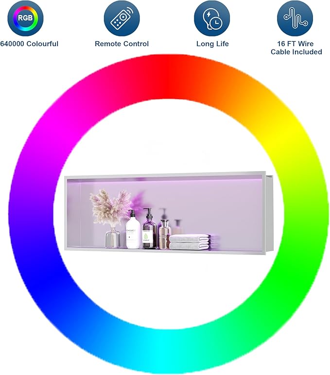 36X12 RGB Shower Niche, Brushed Nickel Stainless Steel LED Wall Niche, No Tile Needed Wall Cabinet for Bathroom Storage, 3000K Warm Light
