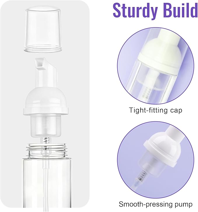 5 Pack 2 oz Travel Foam Pump Bottle, 60 ml Foam Dispenser, Clear PET Foaming Pump Bottle for Hand Soap, Shampoo, Hair Mousse, Self-tanner, Facial Cleansers (5, Multi-color)