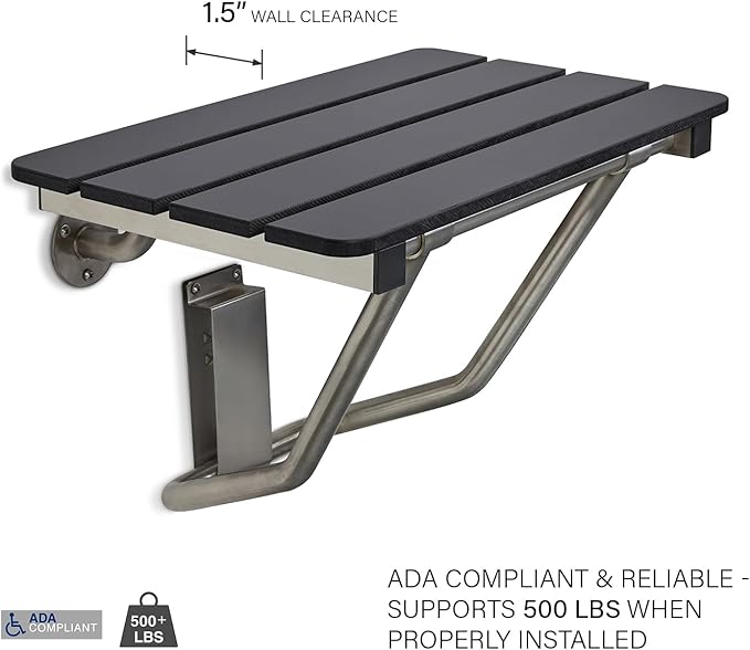 28-inch x 15-inch ADA Folding Wall Mount Bathroom Shower Seat Bench, Black Slatted Phenolic Seat