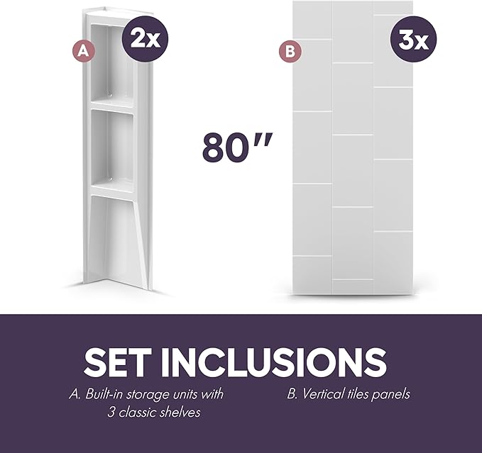 White Acrylic Shower Wall Surround 36"x 60"x 80" - Waterproof, Easy-to-Install, Two Shelf Units Kit Included - Shower Wall Surround Panels - Vertical Pattern, Dynamic Shelves - Noah William Home