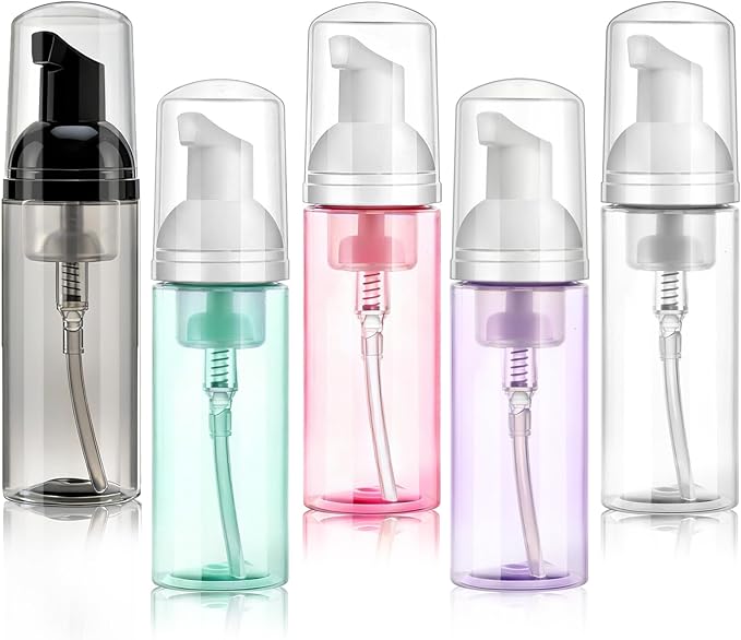 5 Pack 2 oz Travel Foam Pump Bottle, 60 ml Foam Dispenser, Clear PET Foaming Pump Bottle for Hand Soap, Shampoo, Hair Mousse, Self-tanner, Facial Cleansers (5, Multi-color)