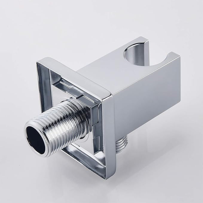 Chrome Wall Supply Elbow with Hand Shower Holder, Keymark Brass Square 1/2″Shower Hose Connector, Wall Mount Drop Ell Union Water Outlet