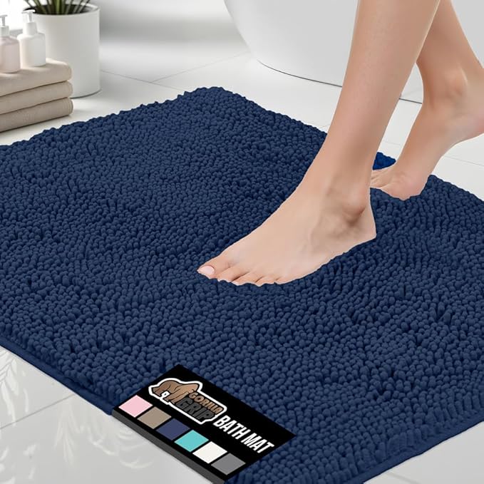 GORILLA GRIP Bath Rug Mat, Thick Soft Absorbent Chenille, Quick Dry Microfiber Mats, Rubber Backing Washable Shower Floor Rugs, Bathmat Runner, US Designed Bathroom Home Decor Accessories 24x17, Navy